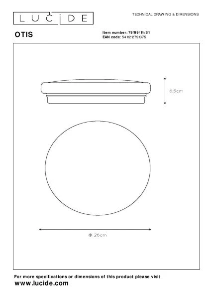 Lucide OTIS - Lámpara de techo - Ø 26 cm - LED - 1x14W 3000K - Ópalo - TECHNISCH